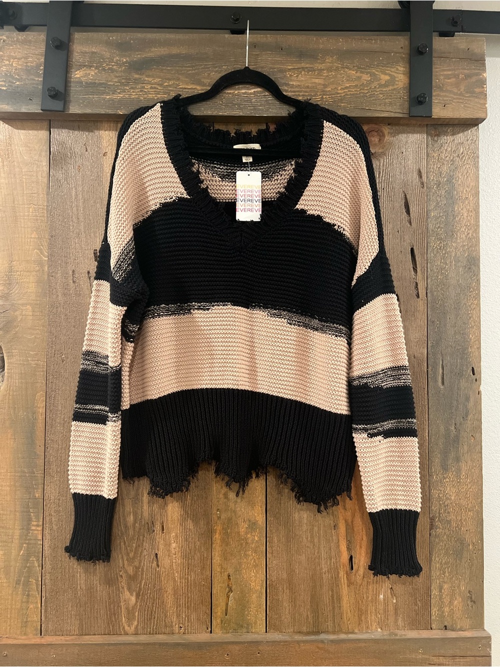 NWT Rag Poets Distressed Black & Beige Stripe Sweater Medium Evereve